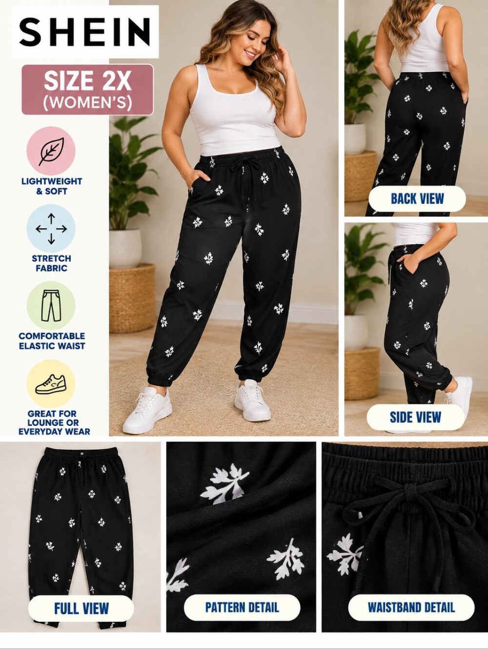 Shein Women's 2X leaf foliage black stretch athletic pants #36